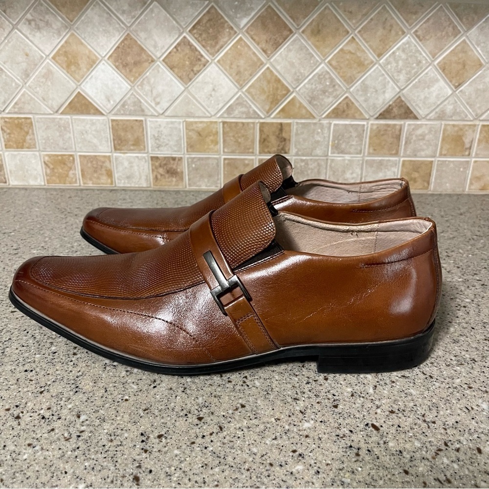 Stacy Adams Men’s Brown Leather Slip-On Dress Loafers Textured Square Toe SZ 12W